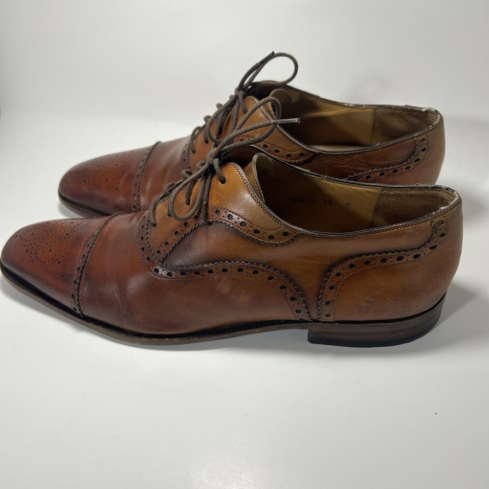 Mens Magnanni Cognac Brogue Oxford Dress Shoes Spain Leather Size 12 Cap Toe